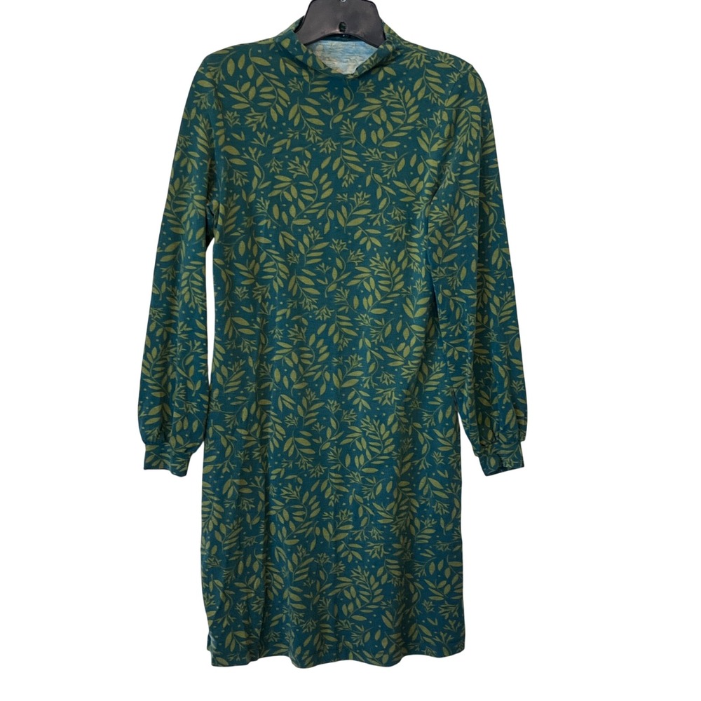 Gudrun Sjoden Leaf Print Mock Neck Organic Cotton Dress Green Olive Small READ